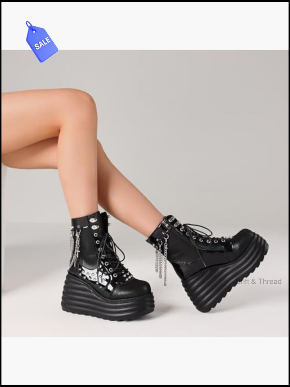 Gothic Ankle Boots Platform Combat Boots with Punk Chains & Studs Lace Up Wedge - Picture 6 of 7